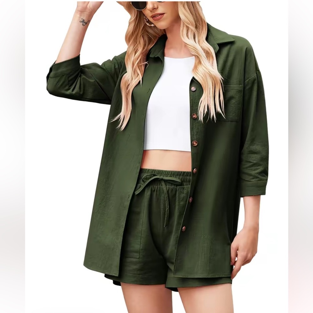 ⭐️Zeagoo Olive Green Button-Up Shirt and Shorts Set